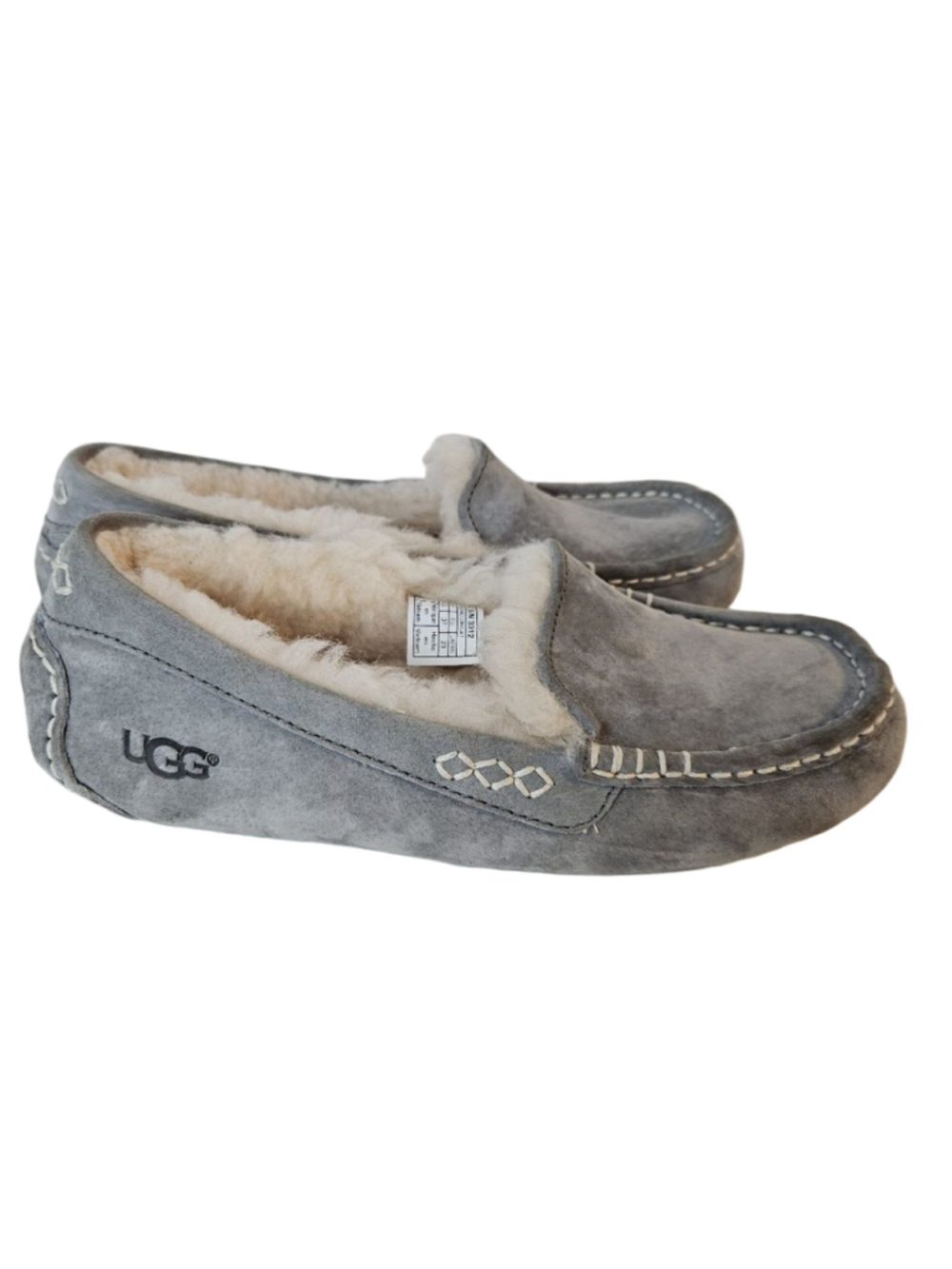 UGG Ansley Moccasin Gray Suede Slippers with White Stitching Size 6